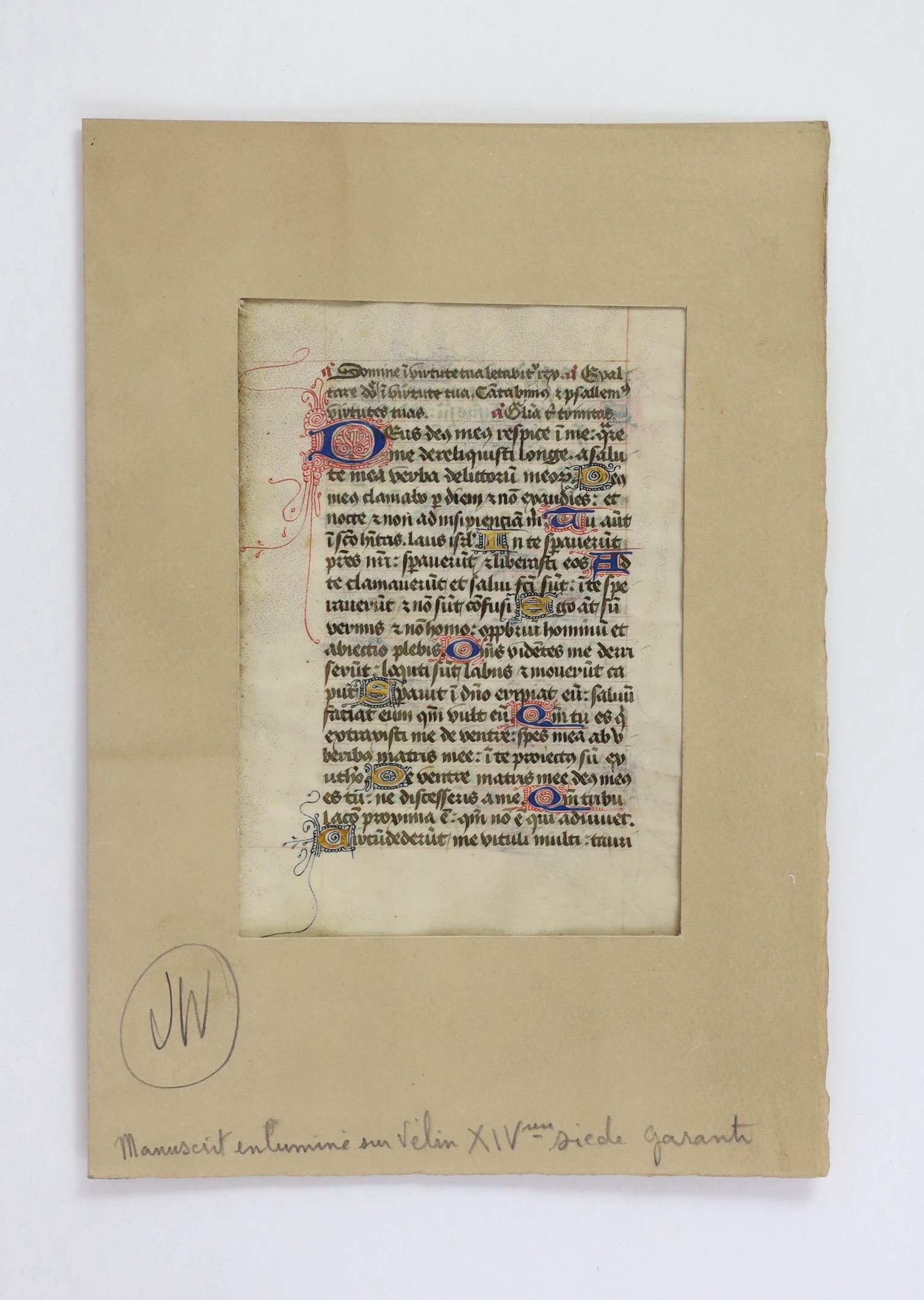 Manuscript leaf from a book of hours illuminated in blue, red and gilt; French, second quarter of the 15th century